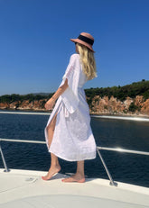 Kimono - Nakışlı Beyaz %100 Keten Plaj Elbisesi